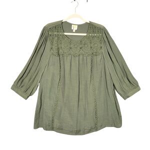 FIG & FLOWER Green Lace 3/4 Sleeve Flowy Boho Casual Top SIZE 2X